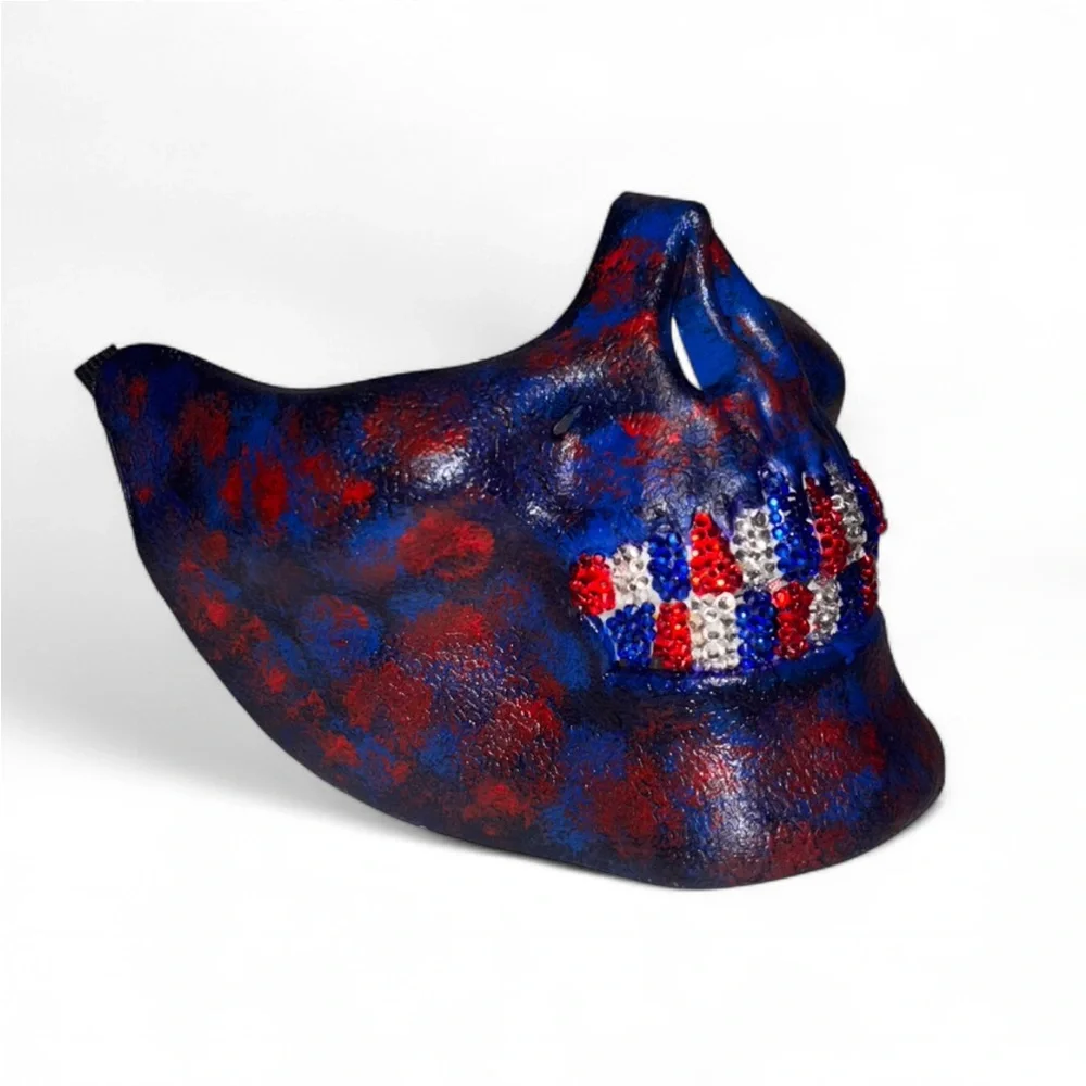Blue & Red Half Skull Mask With Blinged Out USA Mix Luxe Crystal Grillz New